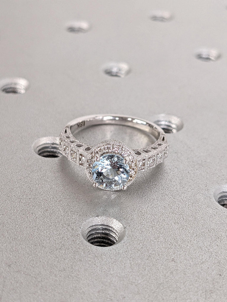 Edwardian Aquamarine Engagement Rings for Women | Gold or Platinum Diamond Halo Art Deco Wedding Ring Anniversary Gift image #5