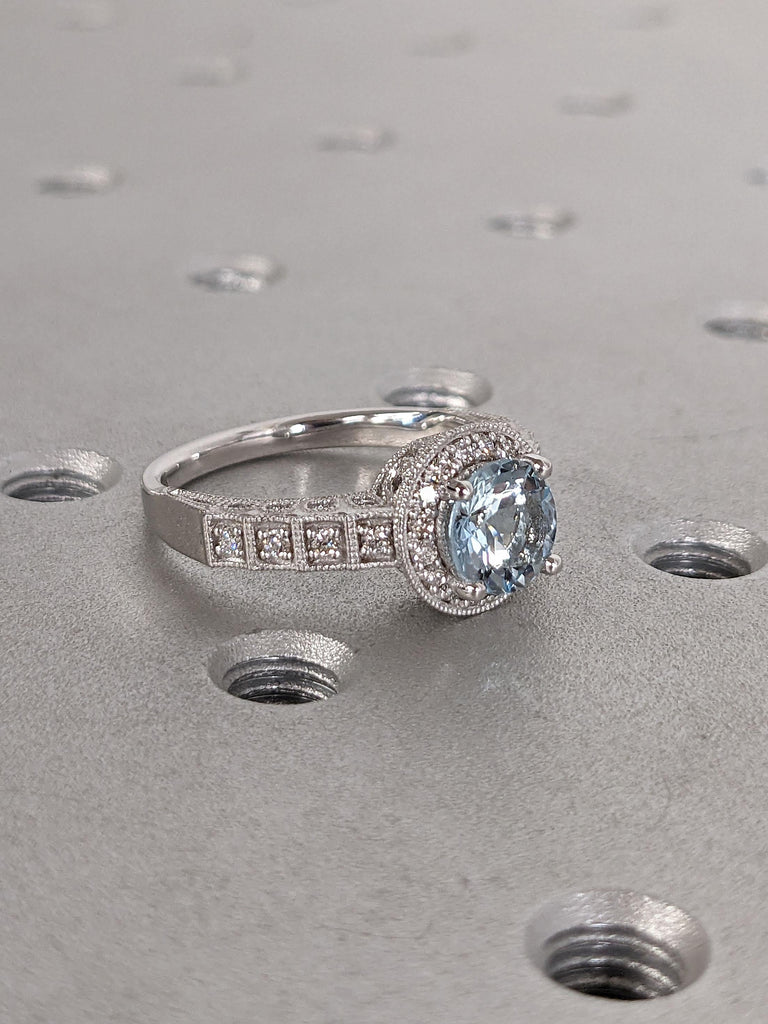 Edwardian Aquamarine Engagement Rings for Women | Gold or Platinum Diamond Halo Art Deco Wedding Ring Anniversary Gift image #9