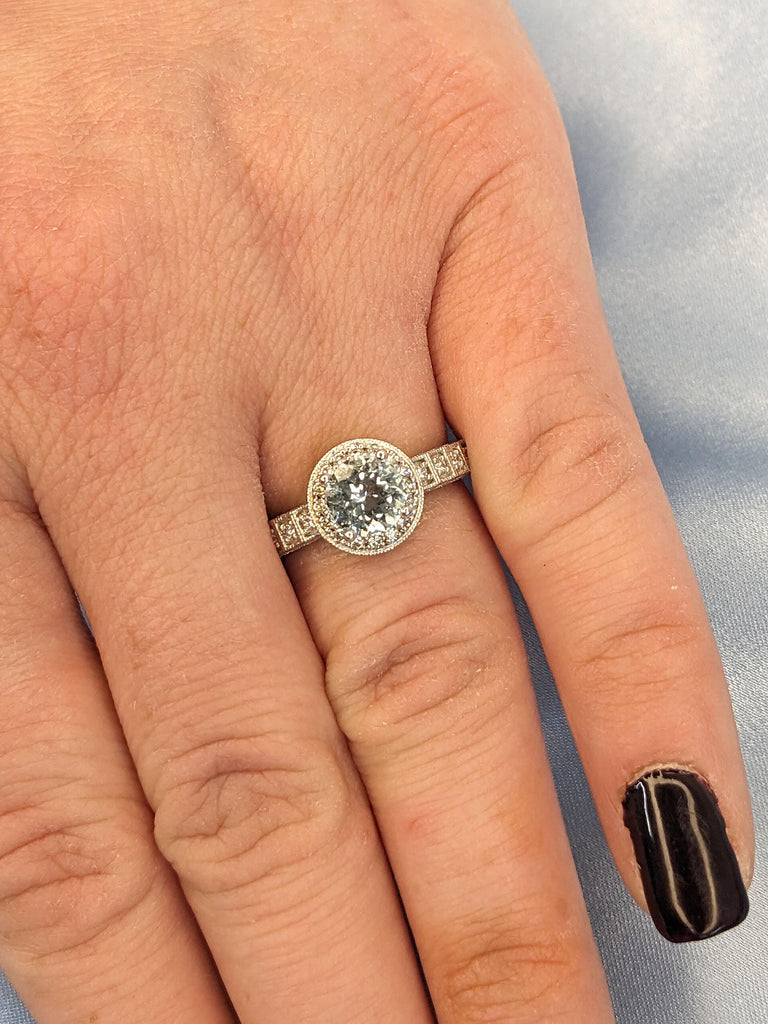 Edwardian Aquamarine Engagement Rings for Women | Gold or Platinum Diamond Halo Art Deco Wedding Ring Anniversary Gift image #14