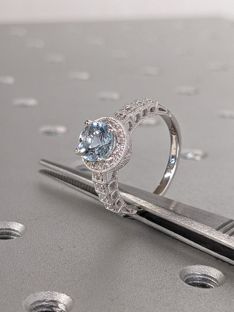 Edwardian Aquamarine Engagement Rings for Women | Gold or Platinum Diamond Halo Art Deco Wedding Ring Anniversary Gift image #10