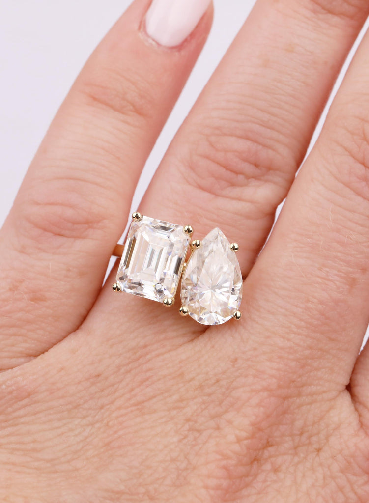 Lab Grown Diamond Toi et Moi Ring: 14K Gold Pear & Emerald Cut Engagement Ring image #5