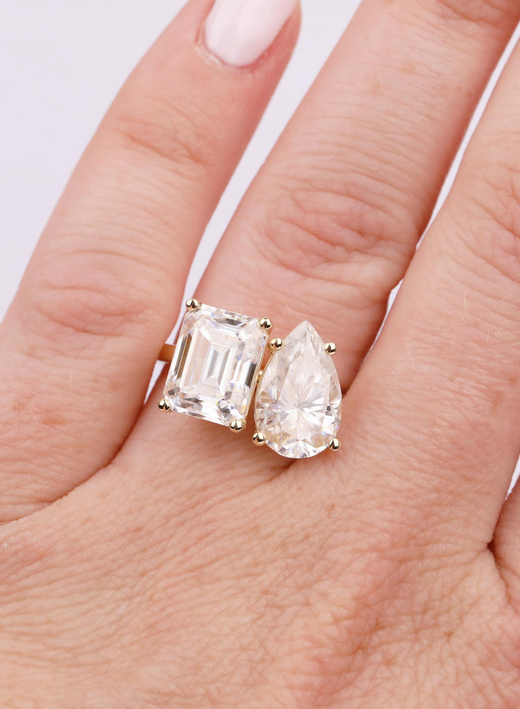 Unique Double Stone Engagement Ring | Lab Grown Diamond Toi et Moi Ring | 14K Gold Two Stone Ring |  Pear and Emerald Cut Gold Bridal Ring image #4