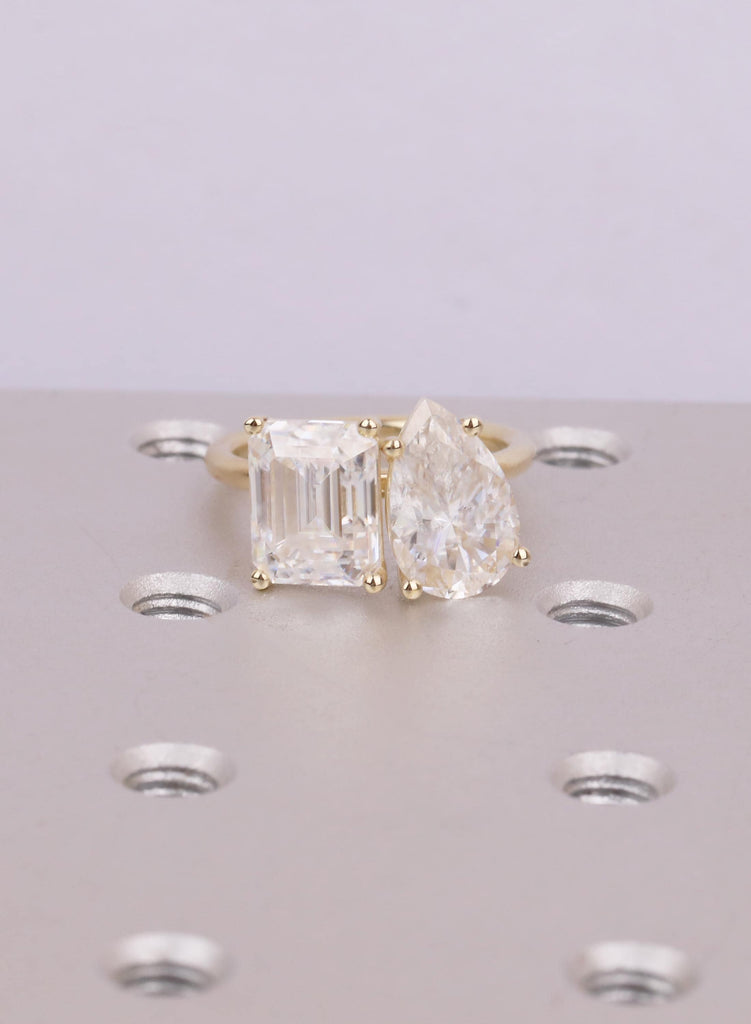 Unique Double Stone Engagement Ring | Lab Grown Diamond Toi et Moi Ring | 14K Gold Two Stone Ring |  Pear and Emerald Cut Gold Bridal Ring image #2