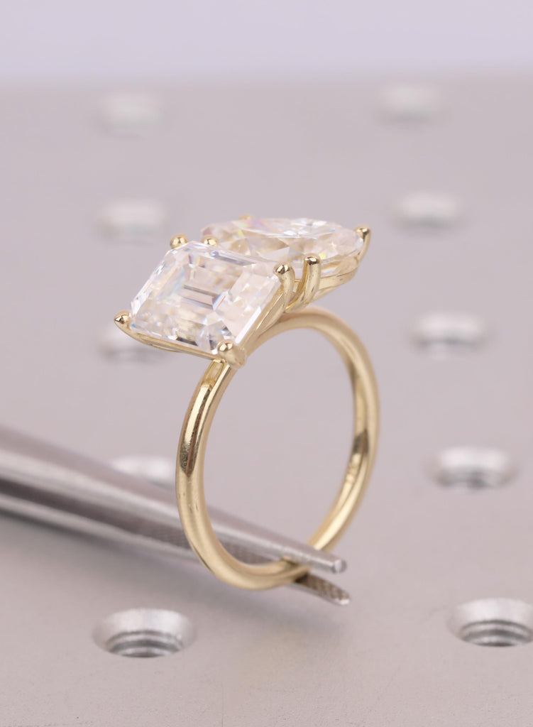 Unique Double Stone Engagement Ring | Lab Grown Diamond Toi et Moi Ring | 14K Gold Two Stone Ring |  Pear and Emerald Cut Gold Bridal Ring image #12