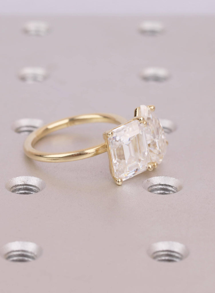Unique Double Stone Engagement Ring | Lab Grown Diamond Toi et Moi Ring | 14K Gold Two Stone Ring |  Pear and Emerald Cut Gold Bridal Ring image #3