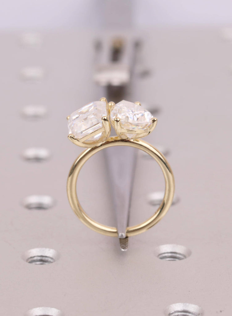 Two-Stone Engagement Rings: Emerald Pear Cut Moissanite Ring, 14K Yellow Gold Minimalist Band image #11
