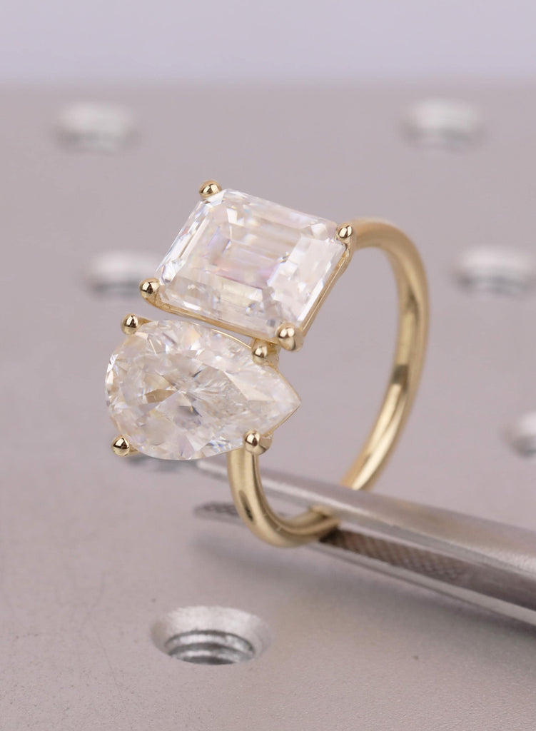 Two-Stone Engagement Rings: Emerald Pear Cut Moissanite Ring, 14K Yellow Gold Minimalist Band image #9