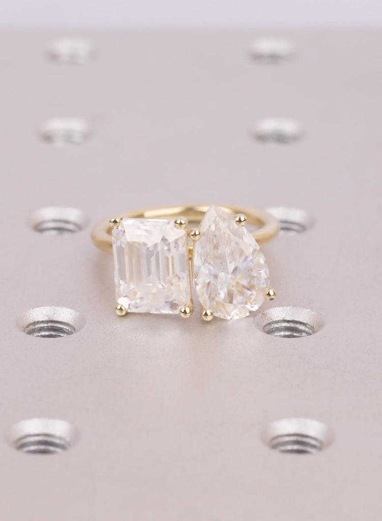 Lab Grown Diamond Toi et Moi Ring: 14K Gold Pear & Emerald Cut Engagement Ring image #2
