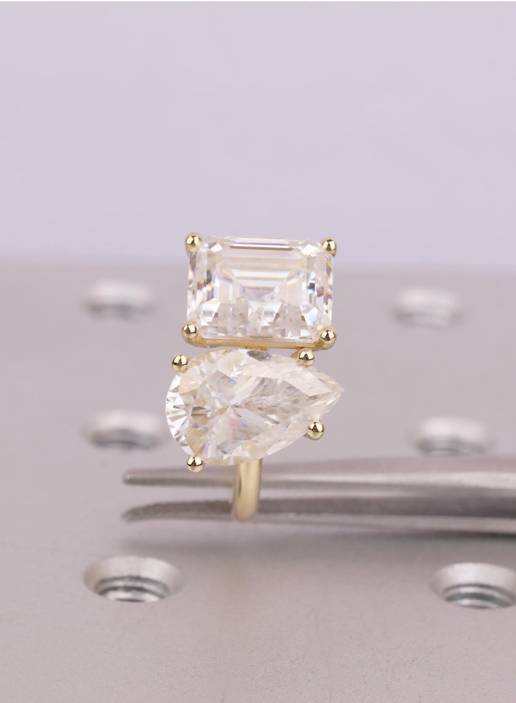 Lab Grown Diamond Toi et Moi Ring: 14K Gold Pear & Emerald Cut Engagement Ring