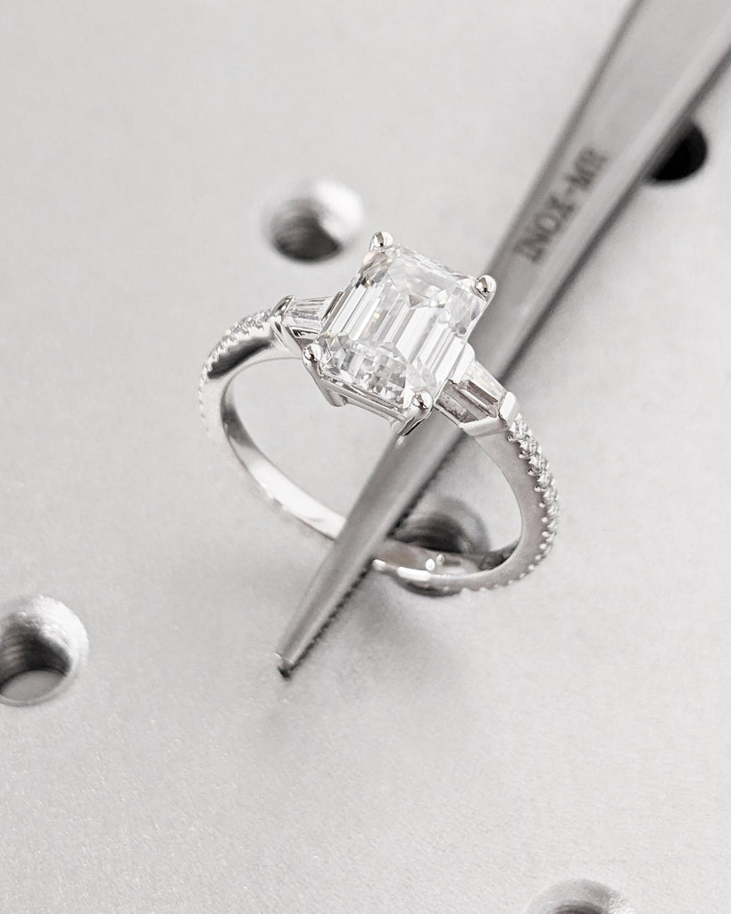 Emerald Cut Lab Grown Diamond Engagement Ring, Side Tapered Baguette Diamonds or Moissanites, 14k White Gold Statement Ring, Rings For Women image #5