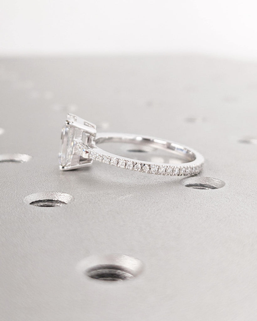 Emerald Cut Lab Grown Diamond Engagement Ring, Side Tapered Baguette Diamonds or Moissanites, 14k White Gold Statement Ring, Rings For Women image #3