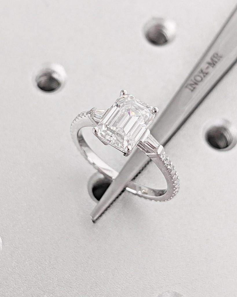 Emerald Cut Lab Grown Diamond Engagement Ring, Side Tapered Baguette Diamonds or Moissanites, 14k White Gold Statement Ring, Rings For Women image #7