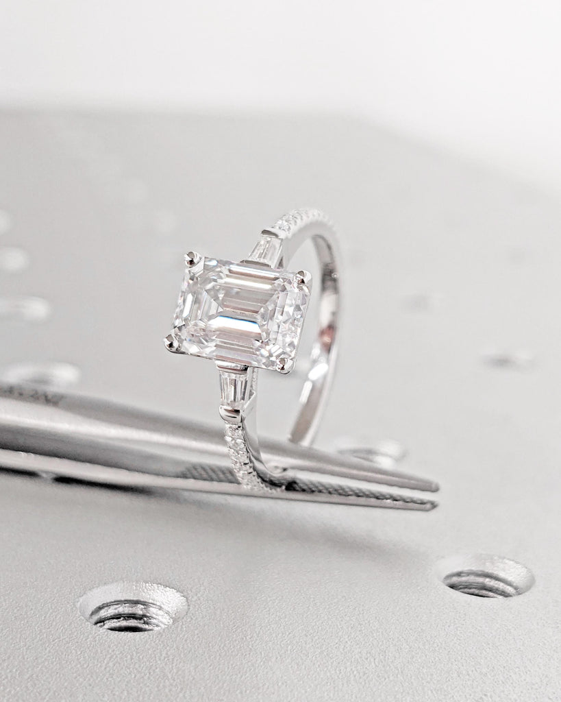 Emerald Cut Lab Grown Diamond Engagement Ring, Side Tapered Baguette Diamonds or Moissanites, 14k White Gold Statement Ring, Rings For Women image #8