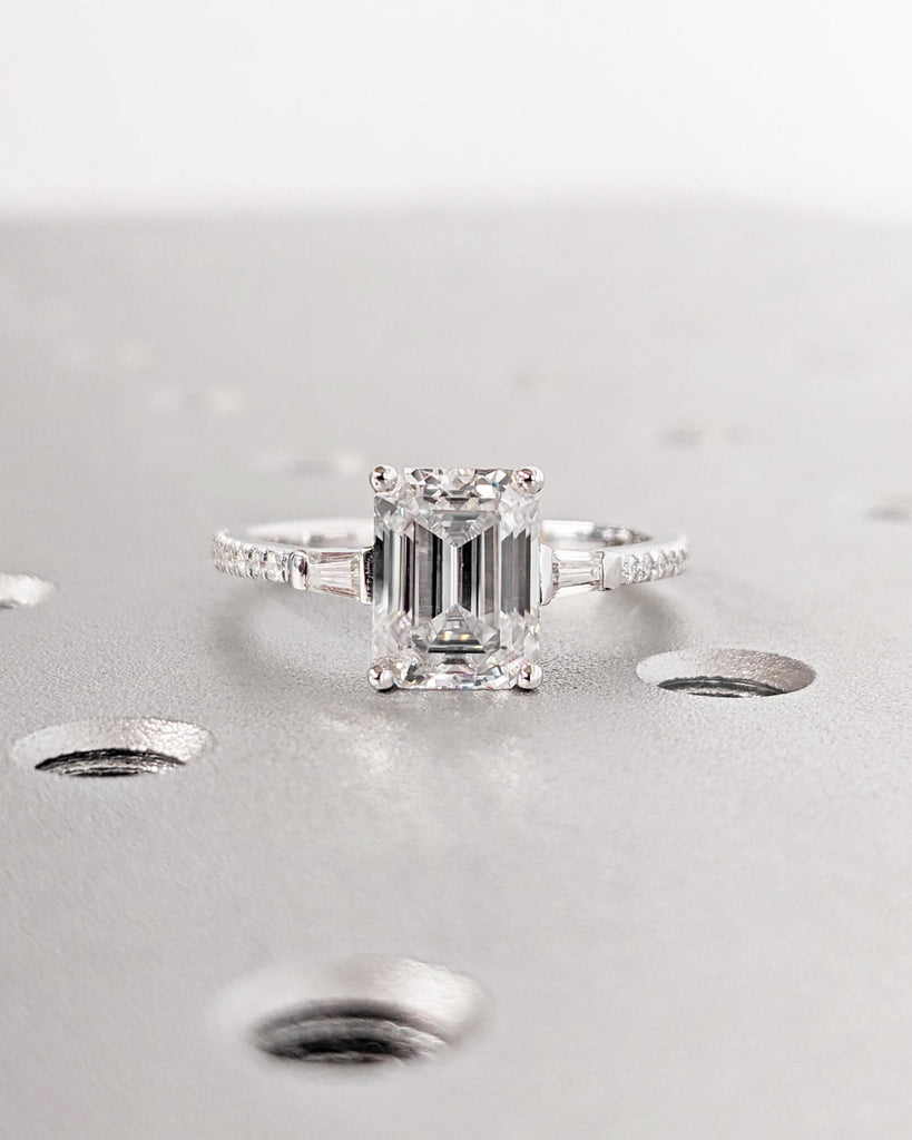 Emerald Cut Moissanite Engagement Ring, Side Tapered Baguette Diamonds or Moissanites, Solid 14k White Gold Statement Ring, Rings For Women image #2