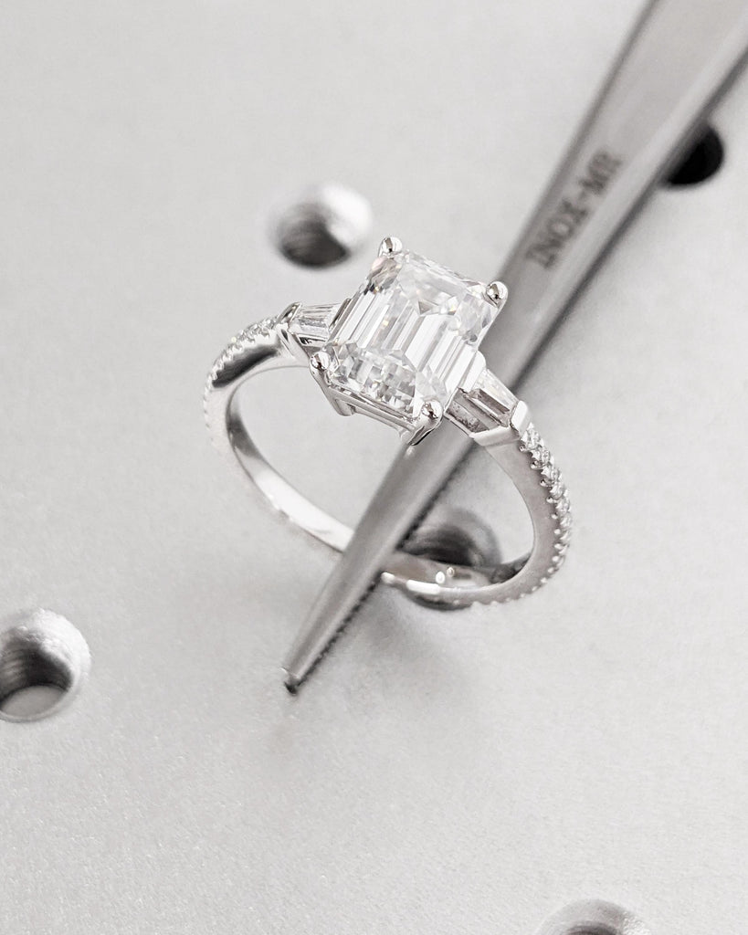 Emerald Cut Moissanite Engagement Ring, Tapered Baguette Ring, Eternity Pave Band, Vintage Art Deco Bridal Ring, 14K Solid Gold Ring image #9