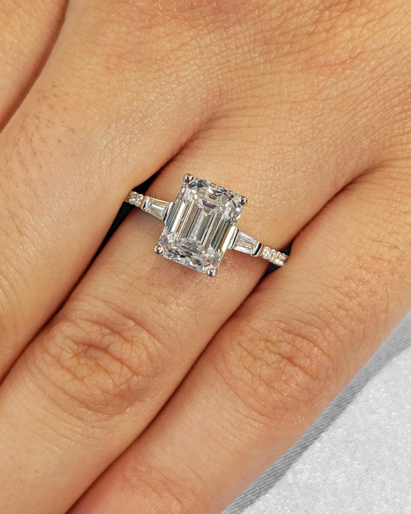 Emerald Cut Moissanite Engagement Ring, Tapered Baguette Ring, Eternity Pave Band, Vintage Art Deco Bridal Ring, 14K Solid Gold Ring image #2