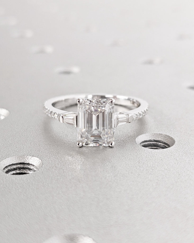 Emerald Cut Moissanite Engagement Ring, Tapered Baguette Ring, Eternity Pave Band, Vintage Art Deco Bridal Ring, 14K Solid Gold Ring image #4