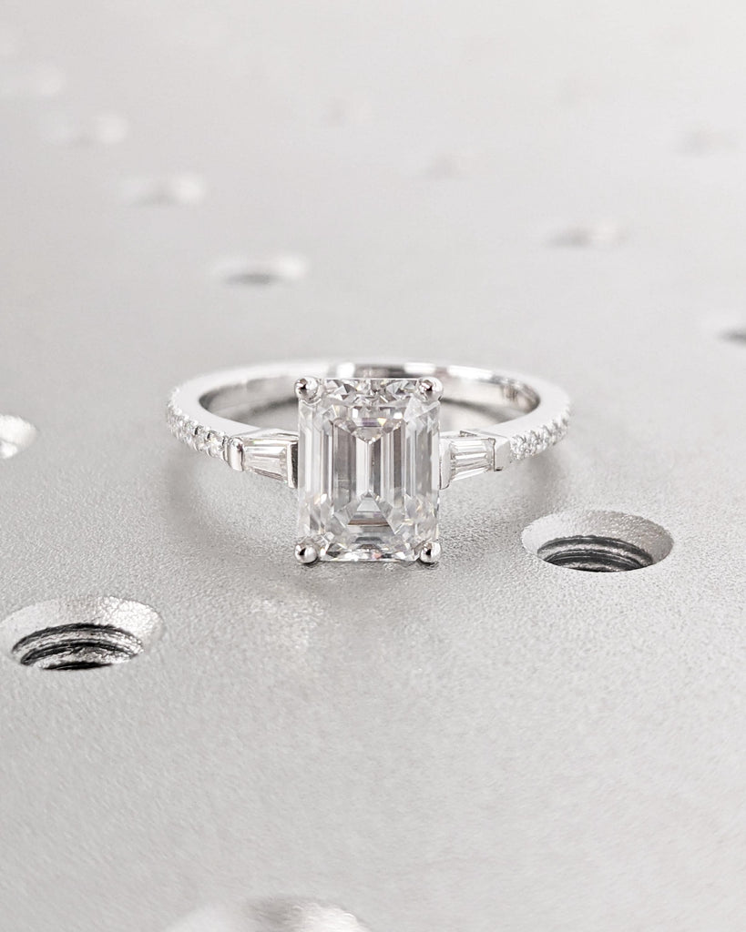Emerald Cut Moissanite Engagement Ring, Side Tapered Baguette Diamonds or Moissanites, Solid 14k White Gold Statement Ring, Rings For Women