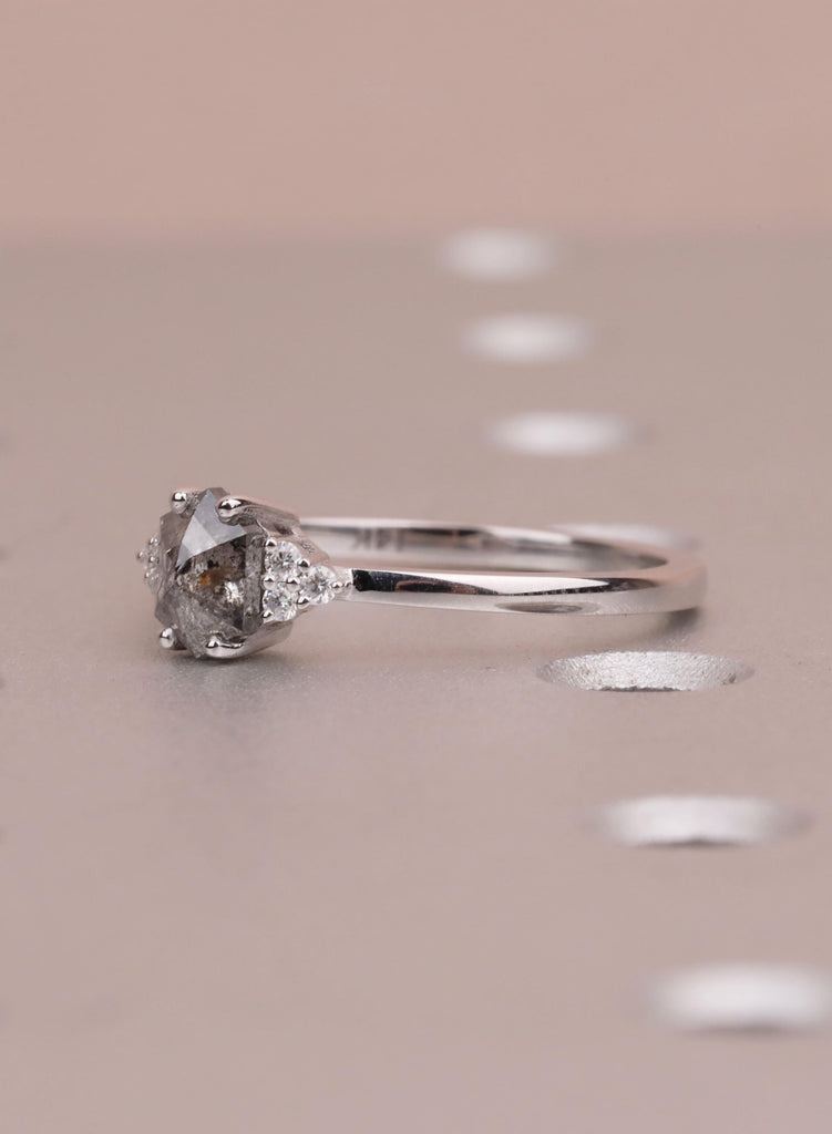 Vintage Cluster Diamond Engagement Ring, Hexagon Salt and Pepper Ring, 14K/18K Gold Unique Art Deco Wedding Ring for Her image #7