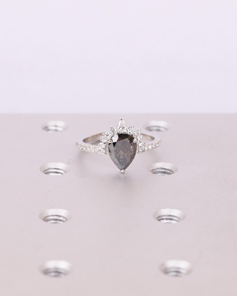 Vintage Salt and Pepper Diamond Ring, Pear Engagement Ring, Platinum Diamond Cluster Ring, Art Deco Wedding Anniversary Ring, Bridal Jewelry image #7