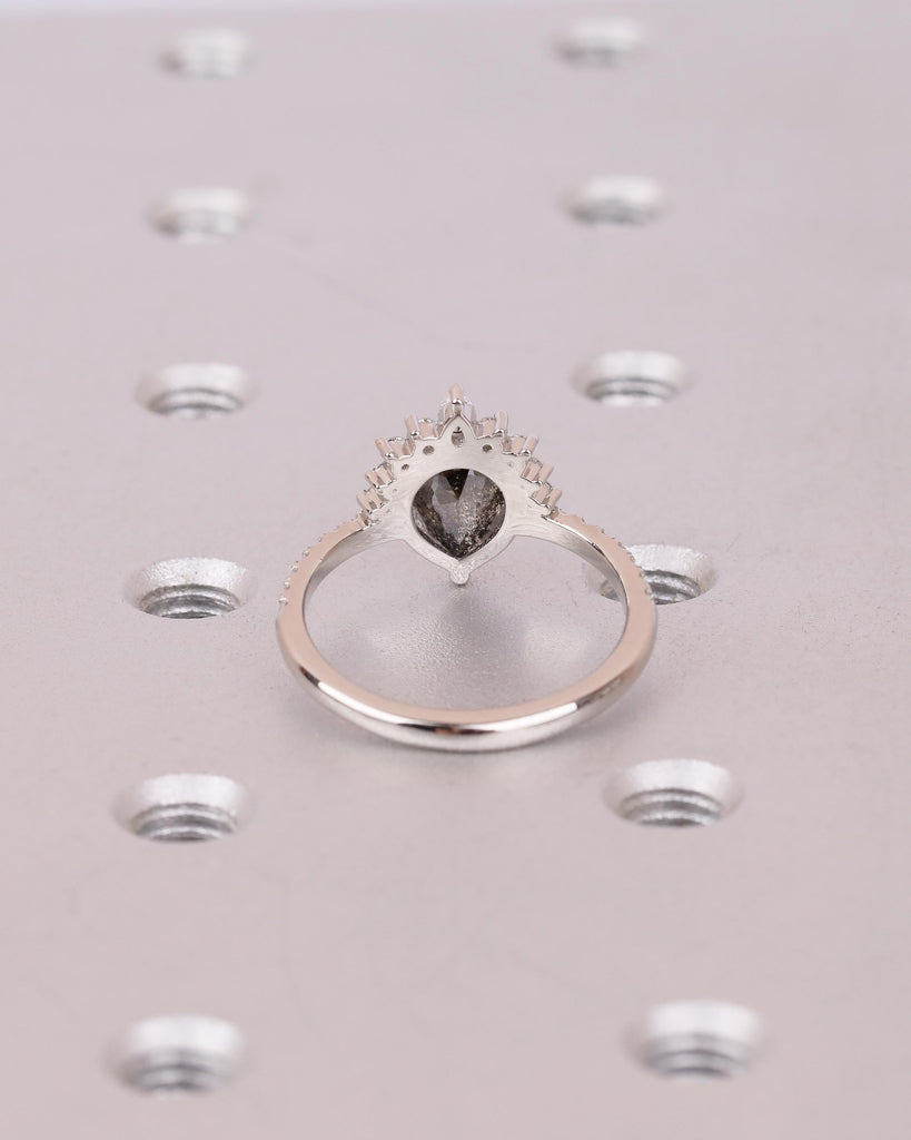 Vintage Salt and Pepper Diamond Ring, Pear Engagement Ring, Platinum Diamond Cluster Ring, Art Deco Wedding Anniversary Ring, Bridal Jewelry image #6