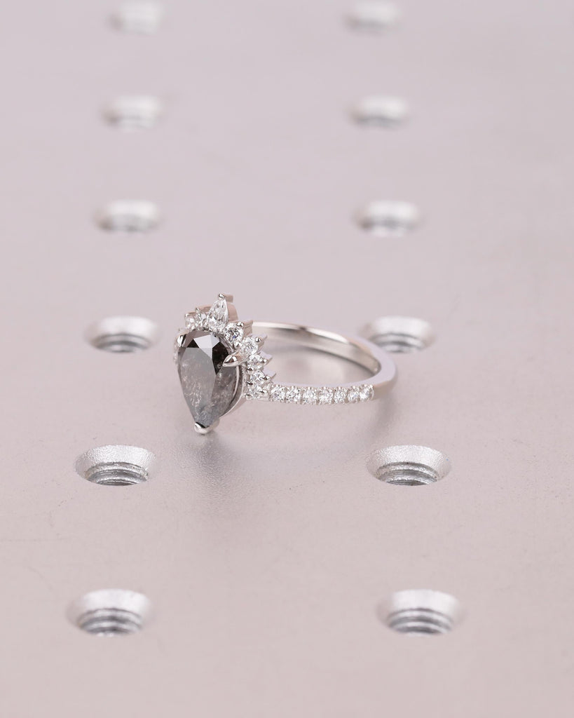 Vintage Salt and Pepper Diamond Ring, Pear Engagement Ring, Platinum Diamond Cluster Ring, Art Deco Wedding Anniversary Ring, Bridal Jewelry image #4