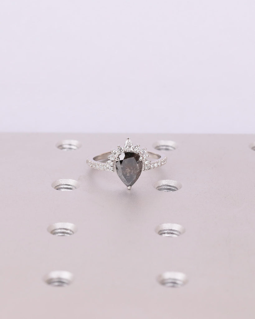 Vintage Salt and Pepper Diamond Ring, Pear Engagement Ring, Platinum Diamond Cluster Ring, Art Deco Wedding Anniversary Ring, Bridal Jewelry image #9