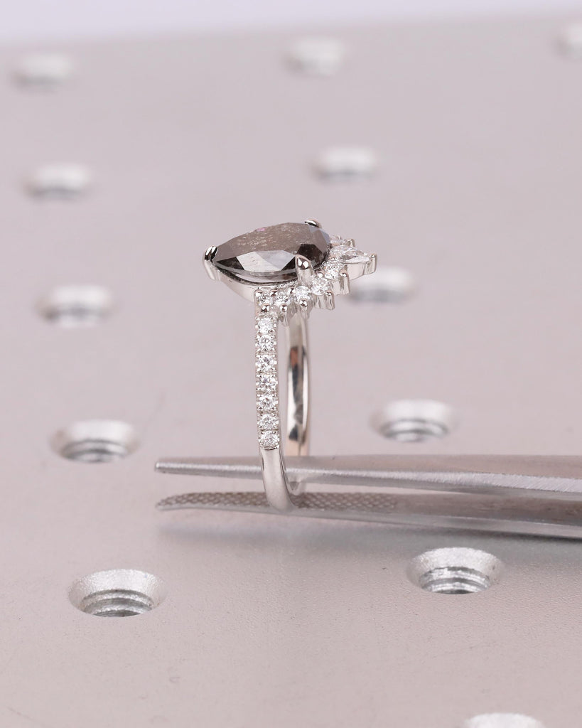 Vintage Salt and Pepper Diamond Ring, Pear Engagement Ring, Platinum Diamond Cluster Ring, Art Deco Wedding Anniversary Ring, Bridal Jewelry image #15