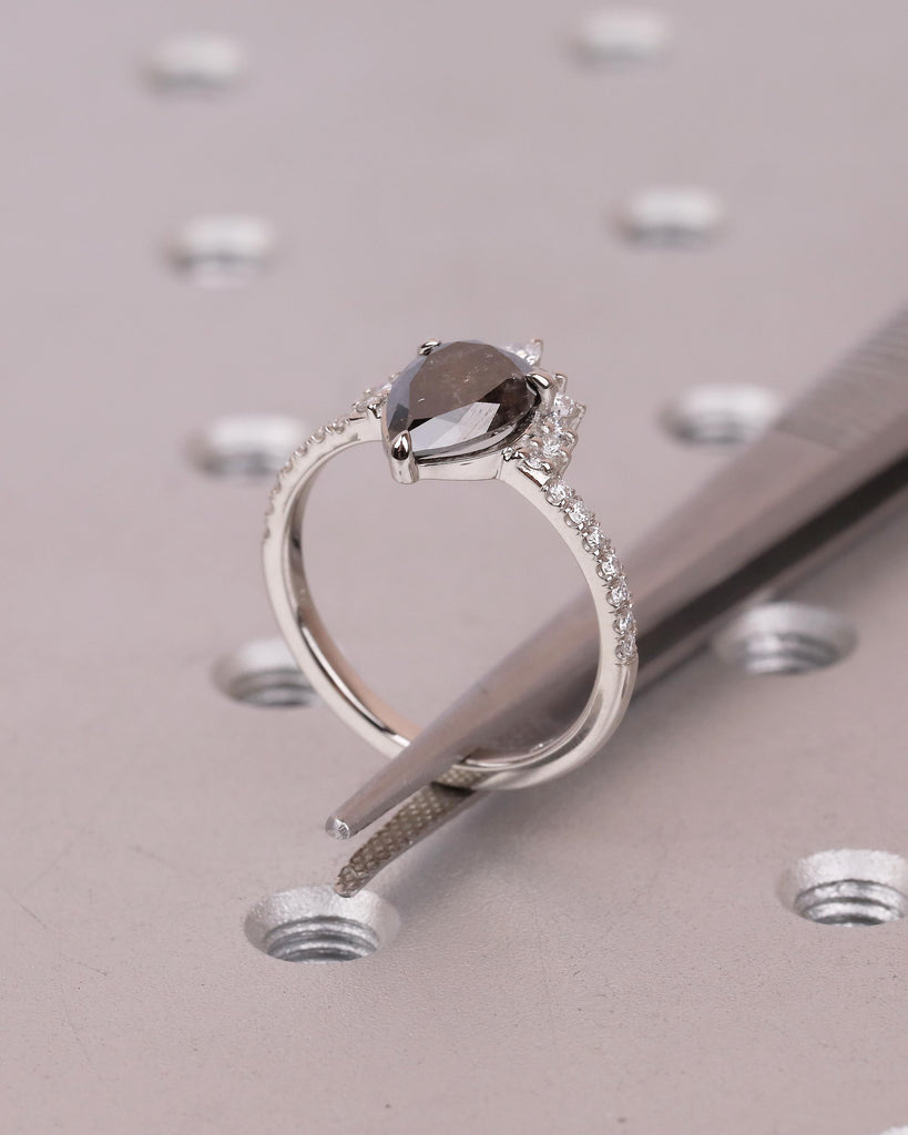 Vintage Salt and Pepper Diamond Ring, Pear Engagement Ring, Platinum Diamond Cluster Ring, Art Deco Wedding Anniversary Ring, Bridal Jewelry image #5