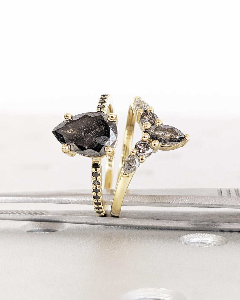 Vintage Art Deco Bridal Set: Pear Shaped Salt and Pepper Diamond Ring with Tiara Crown Wedding Band, 14K Solid Gold Engagement Ring Set image #7
