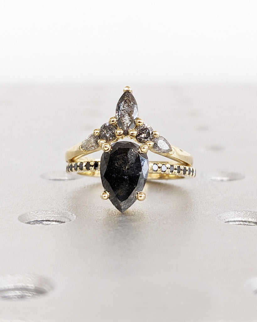 Vintage Art Deco Bridal Set: Pear Shaped Salt and Pepper Diamond Ring with Tiara Crown Wedding Band, 14K Solid Gold Engagement Ring Set image #4