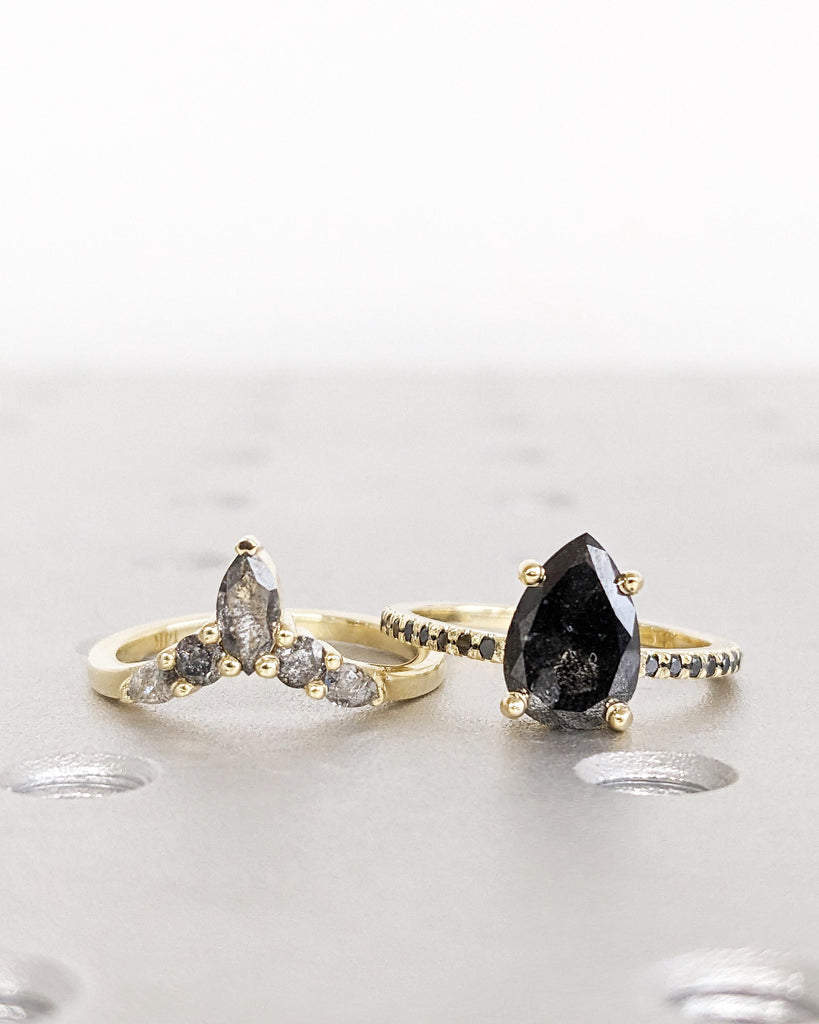 Vintage Art Deco Bridal Set: Pear Shaped Salt and Pepper Diamond Ring with Tiara Crown Wedding Band, 14K Solid Gold Engagement Ring Set