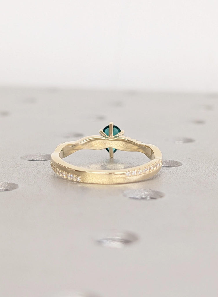 14k Gold Green Emerald Engagement Ring, Pear Cut Gemstone Bridal Ring with Pave Twisted Band image #3