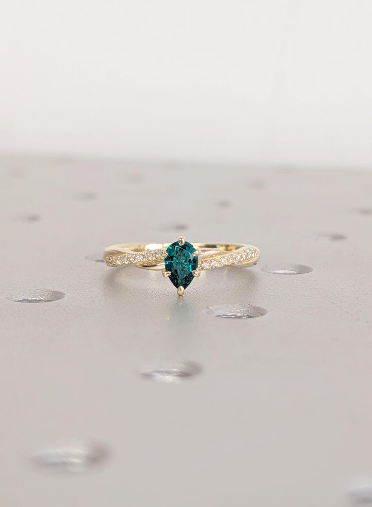14k Gold Green Emerald Engagement Ring, Pear Cut Gemstone Bridal Ring with Pave Twisted Band image #14