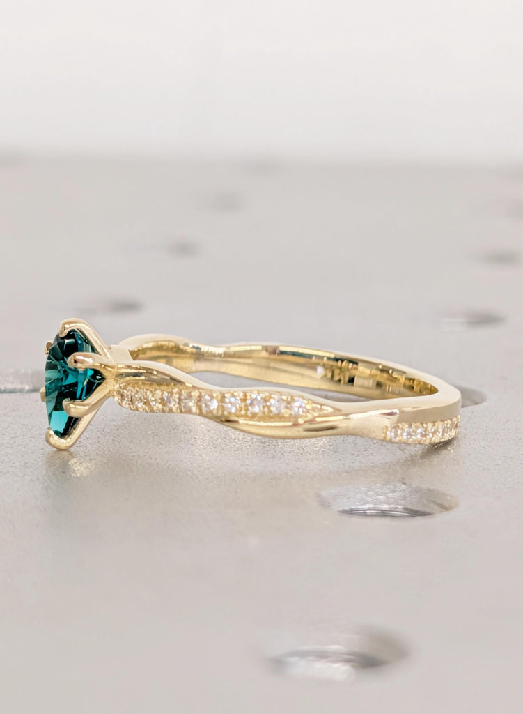 14k Gold Green Emerald Engagement Ring, Pear Cut Gemstone Bridal Ring with Pave Twisted Band image #4