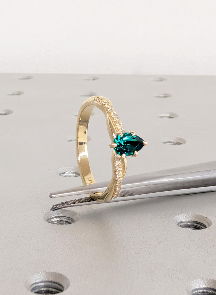 14k Gold Green Emerald Engagement Ring, Pear Cut Gemstone Bridal Ring with Pave Twisted Band image #9