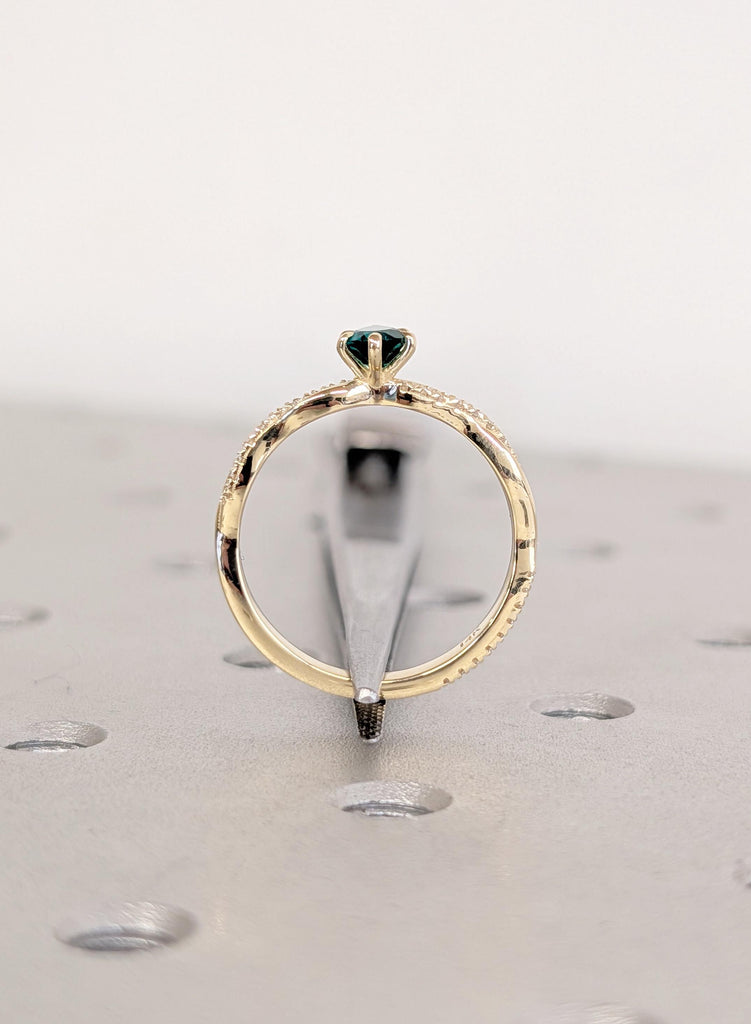 14k Gold Green Emerald Engagement Ring, Pear Cut Gemstone Bridal Ring with Pave Twisted Band image #10