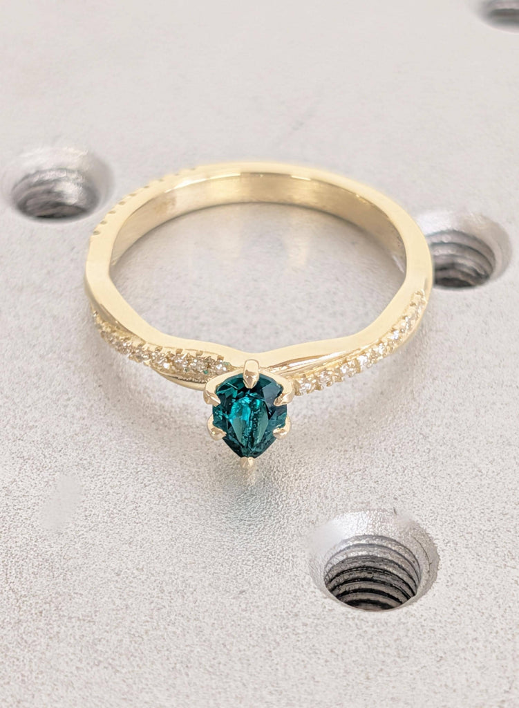 14k Gold Green Emerald Engagement Ring, Pear Cut Gemstone Bridal Ring with Pave Twisted Band image #6