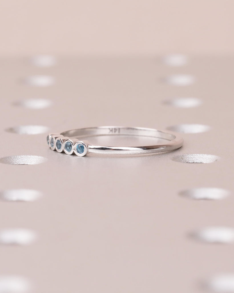 Natural Blue Topaz Ring, Wedding Band Women, Dainty 14k White Gold Stacking Ring, Unique Birthstone Jewelry, 5 Stone Vintage Gemstone Rings image #3
