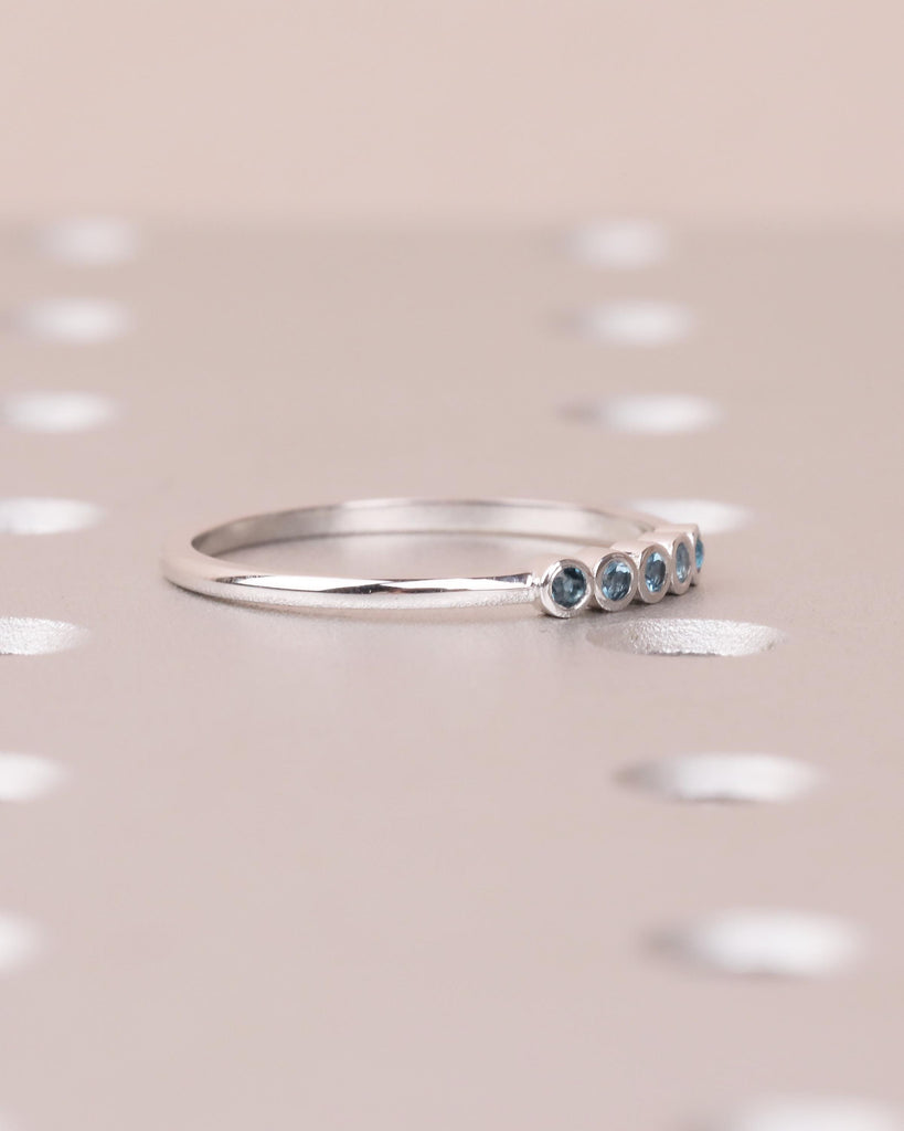 Natural Blue Topaz Ring, Wedding Band Women, Dainty 14k White Gold Stacking Ring, Unique Birthstone Jewelry, 5 Stone Vintage Gemstone Rings image #8