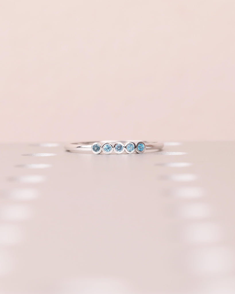 Natural Blue Topaz Ring, Wedding Band Women, Dainty 14k White Gold Stacking Ring, Unique Birthstone Jewelry, 5 Stone Vintage Gemstone Rings image #15