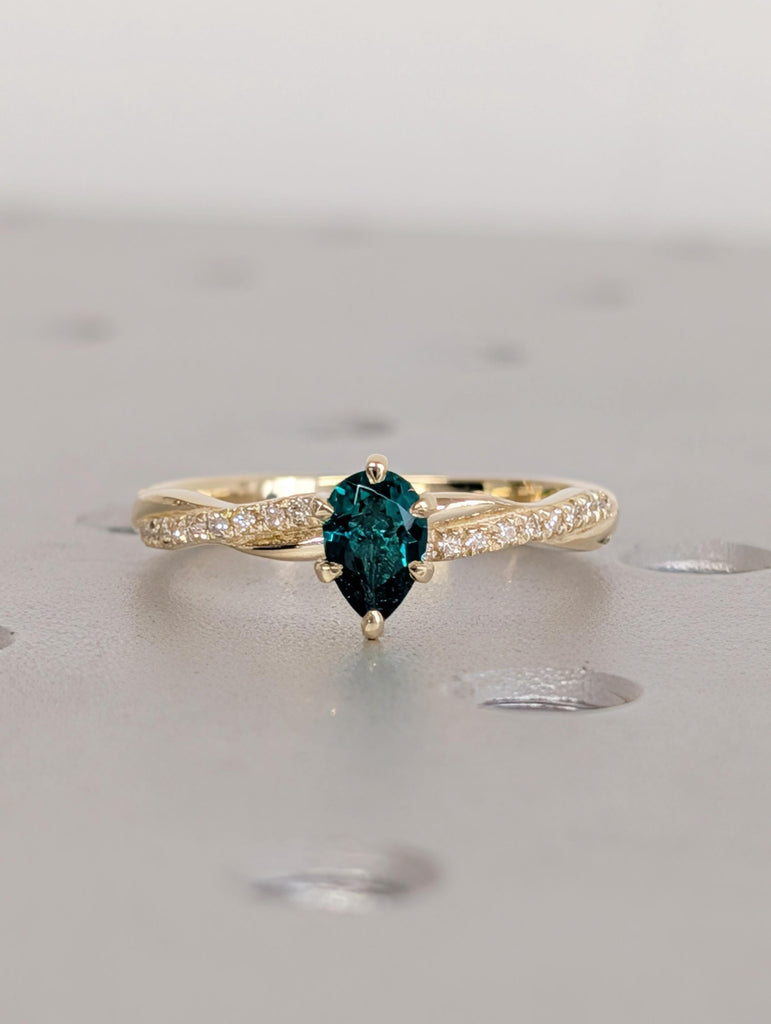 14k Gold Green Emerald Engagement Ring, Pear Cut Gemstone Bridal Ring with Pave Twisted Band