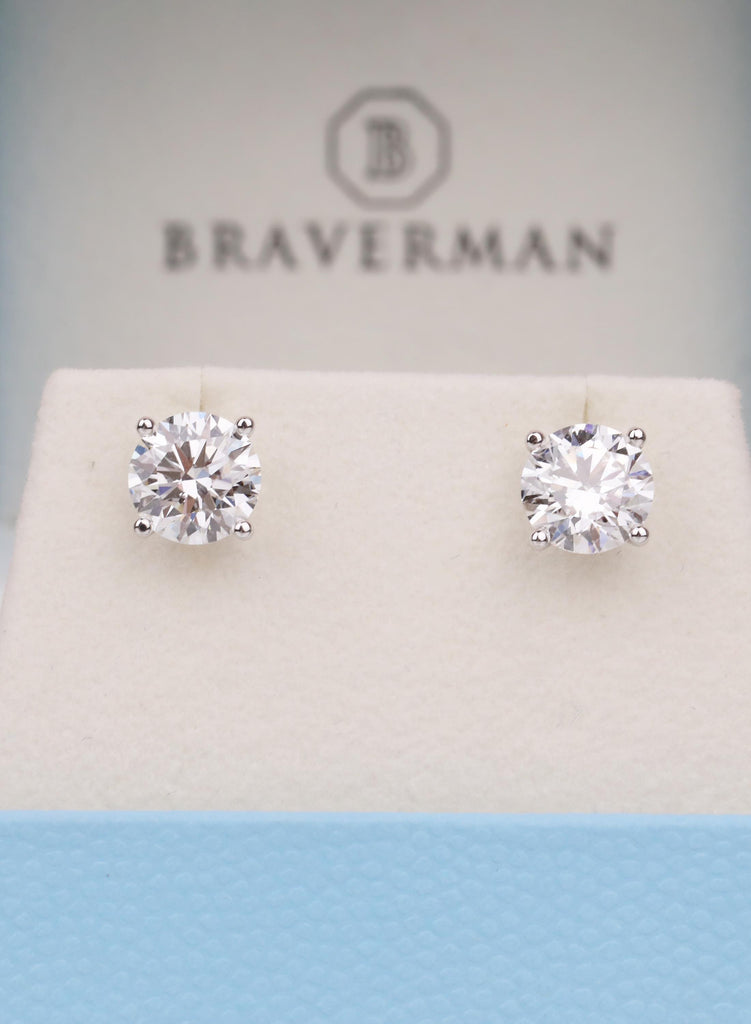 Dainty Round Cut Moissanite Stud Earrings, 14K White Gold Solitaire Minimalist Earrings For Her