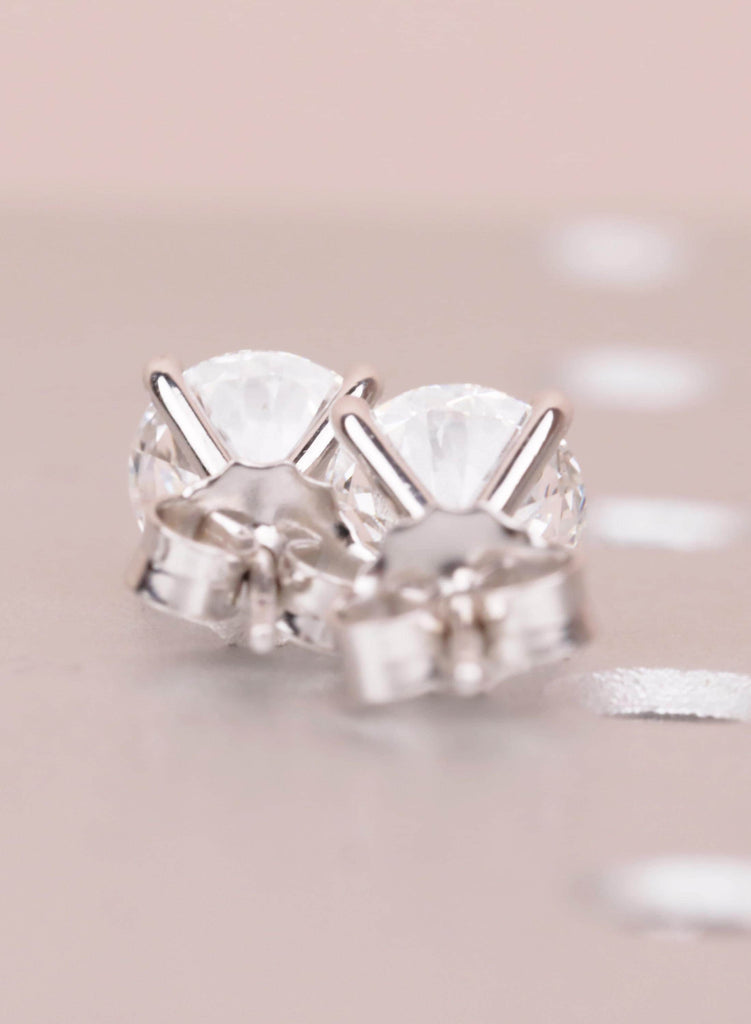Dainty Round Cut Moissanite Stud Earrings, 14K White Gold Solitaire Minimalist Earrings For Her image #5