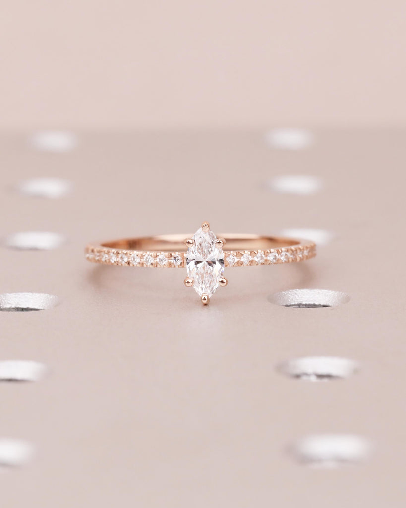 Unique Rose Gold Bridal Ring Set: Marquise Moissanite Engagement Ring, Thin Gold Wedding Band, Stackable Rings, Dainty Promise Ring Set image #10