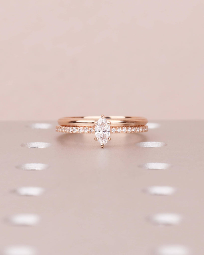 Vintage Marquise Moissanite Engagement Ring Set, 14K Rose Gold Wedding Band Bridal Ring Set, Anniversary Promise Ring Set, Stackable Rings image #1