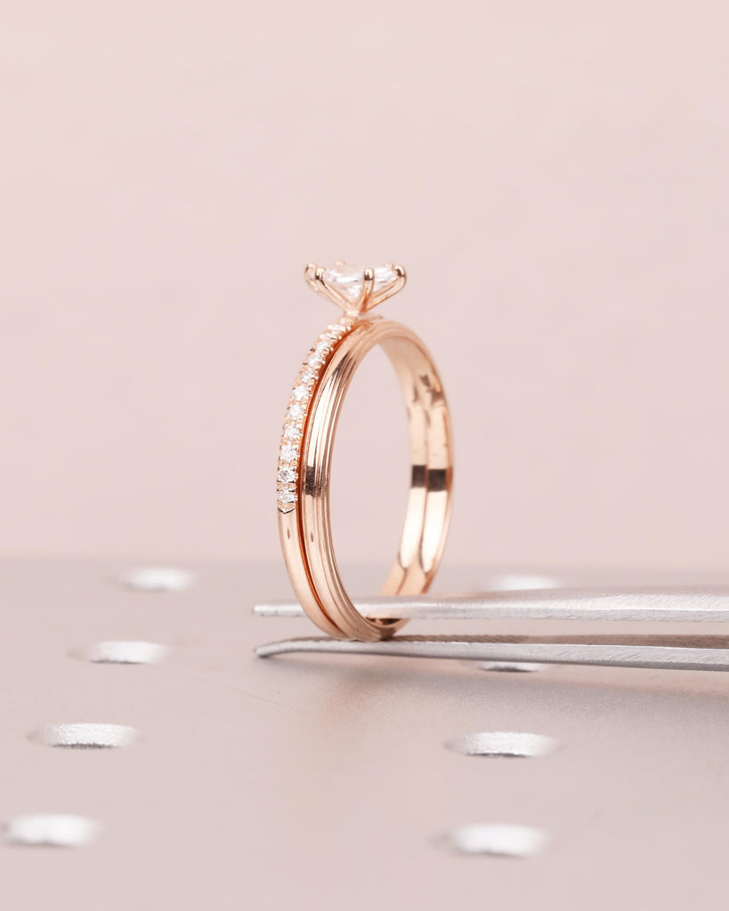 Unique Rose Gold Bridal Ring Set: Marquise Moissanite Engagement Ring, Thin Gold Wedding Band, Stackable Rings, Dainty Promise Ring Set image #9