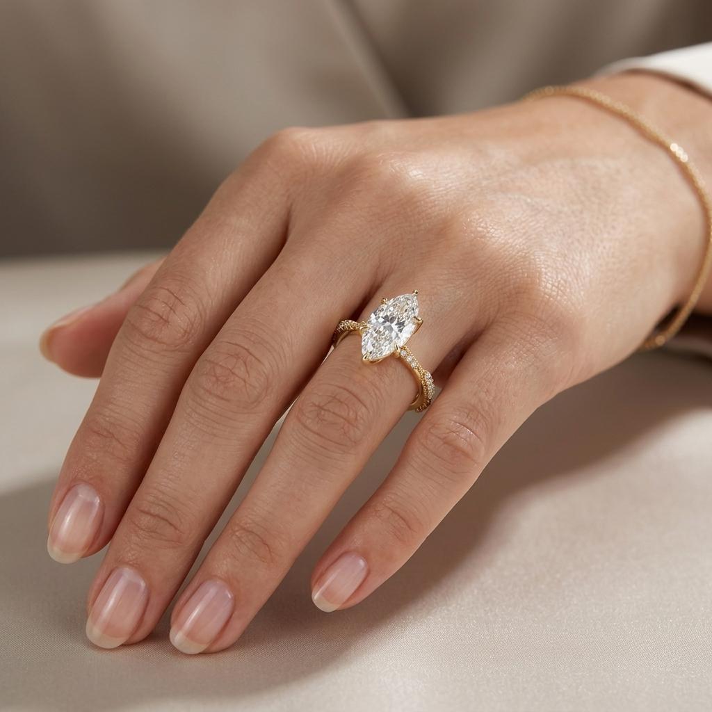 Moissanite Marquise Ring, Art Deco 18k/14k Yellow Gold Promise Ring for Her, Milgrain Wedding Anniversary Ring, Unique Personalized Ring image #2