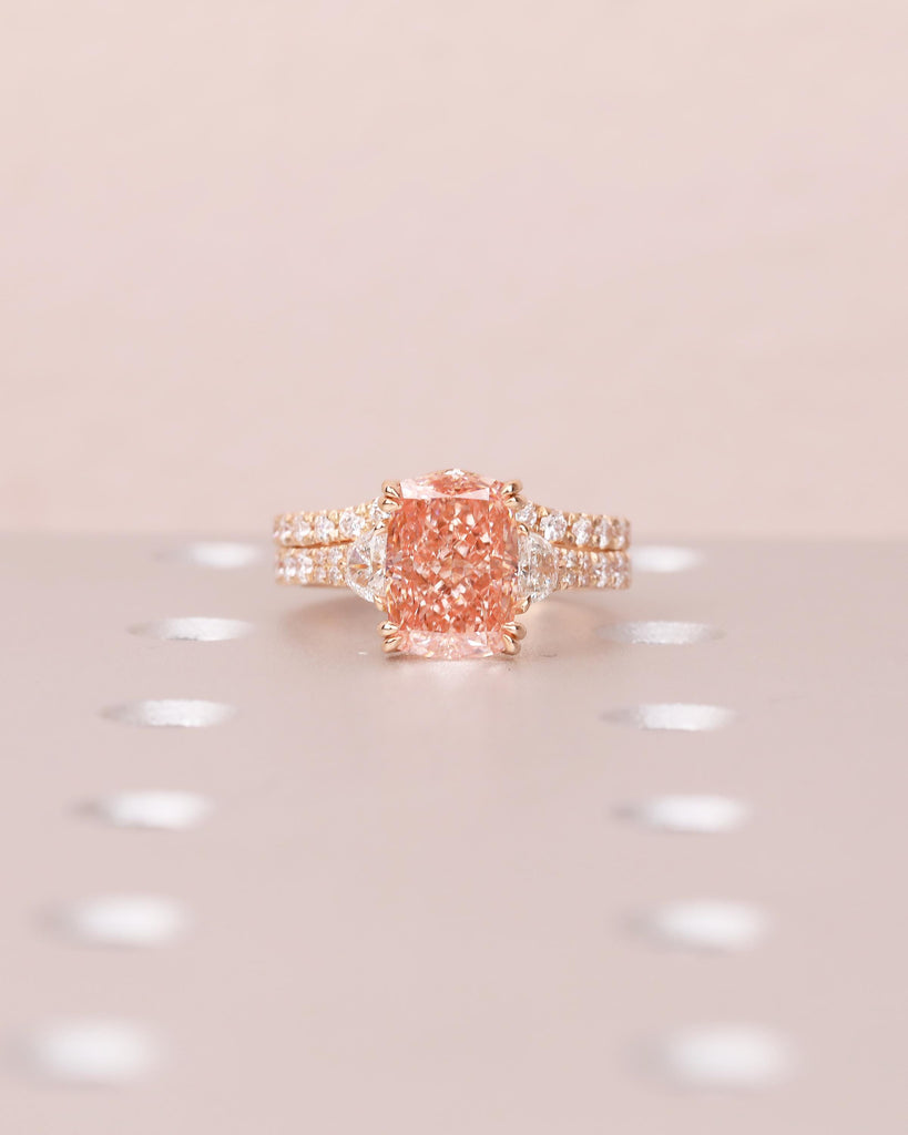 Bridal Ring Set, Cushion Cut Pink Lab Grown Diamond Engagement Ring with Moissanite Accents image #4