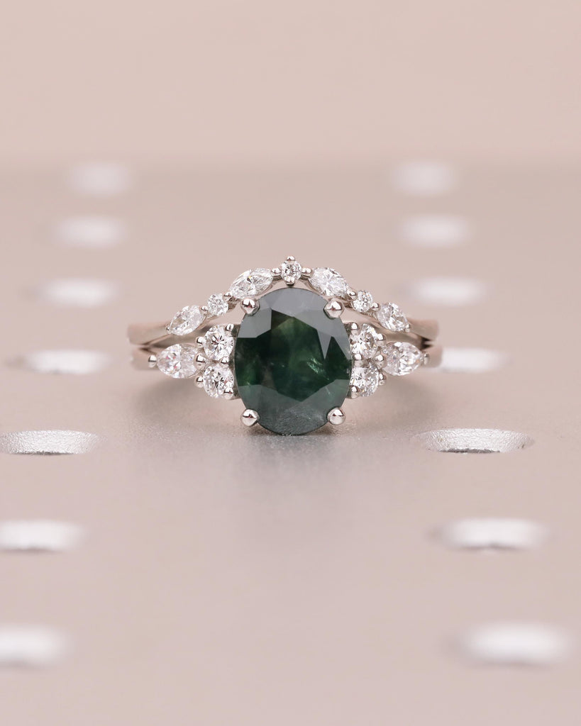 Oval Peacock Sapphire Ring Set, Vintage Engagement Ring with Diamond Accent image #8